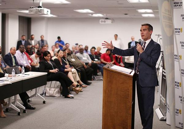 Mayor Garcetti speaking to room of people